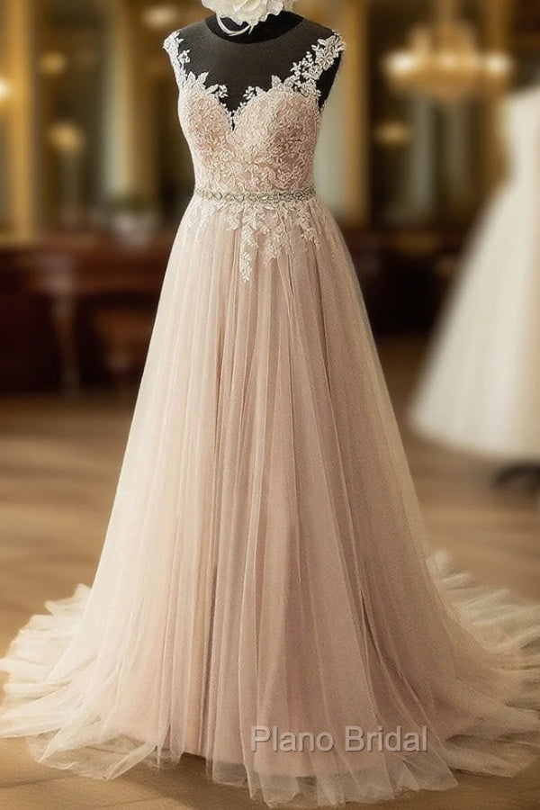 Elegant Tulle Lace Long Formal Prom Dresses, A-Line Scoop Neckline Evening Dresses Main image