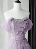 Elegant Tulle Long Party Dresses with Flowers, A-line Tulle Evening Dresses Formal Prom Dresses