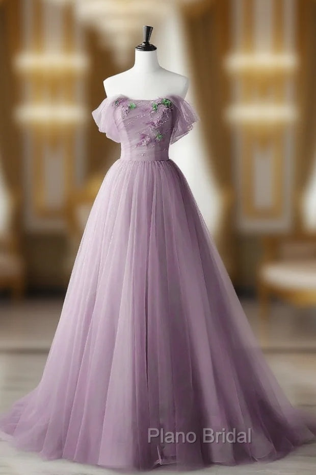 Elegant Tulle Long Party Dresses with Flowers, A-line Tulle Evening Dresses Formal Prom Dresses Main image