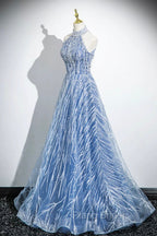 Elegant Tulle Sequins Floor Length Formal Prom Dresses, Blue Halter A-Line Evening Dresses