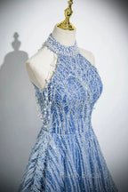 Elegant Tulle Sequins Floor Length Formal Prom Dresses, Blue Halter A-Line Evening Dresses