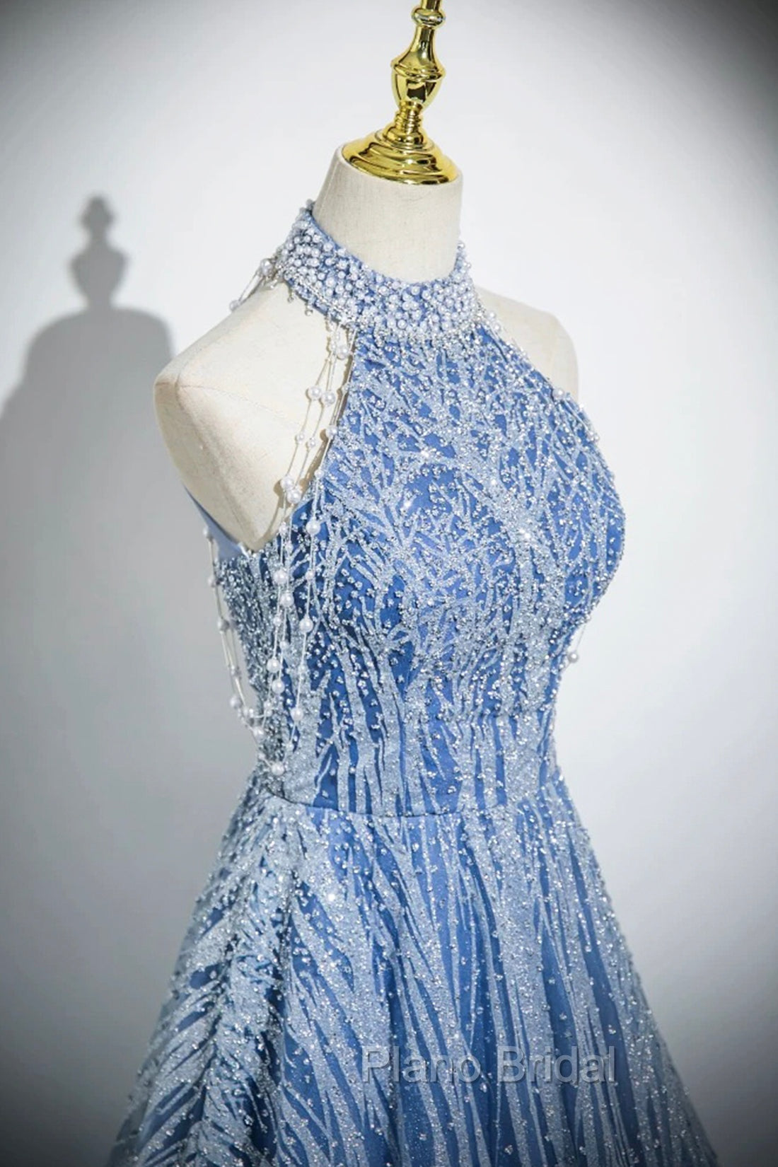 Elegant Tulle Sequins Floor Length Formal Prom Dresses, Blue Halter A-Line Evening Dresses
