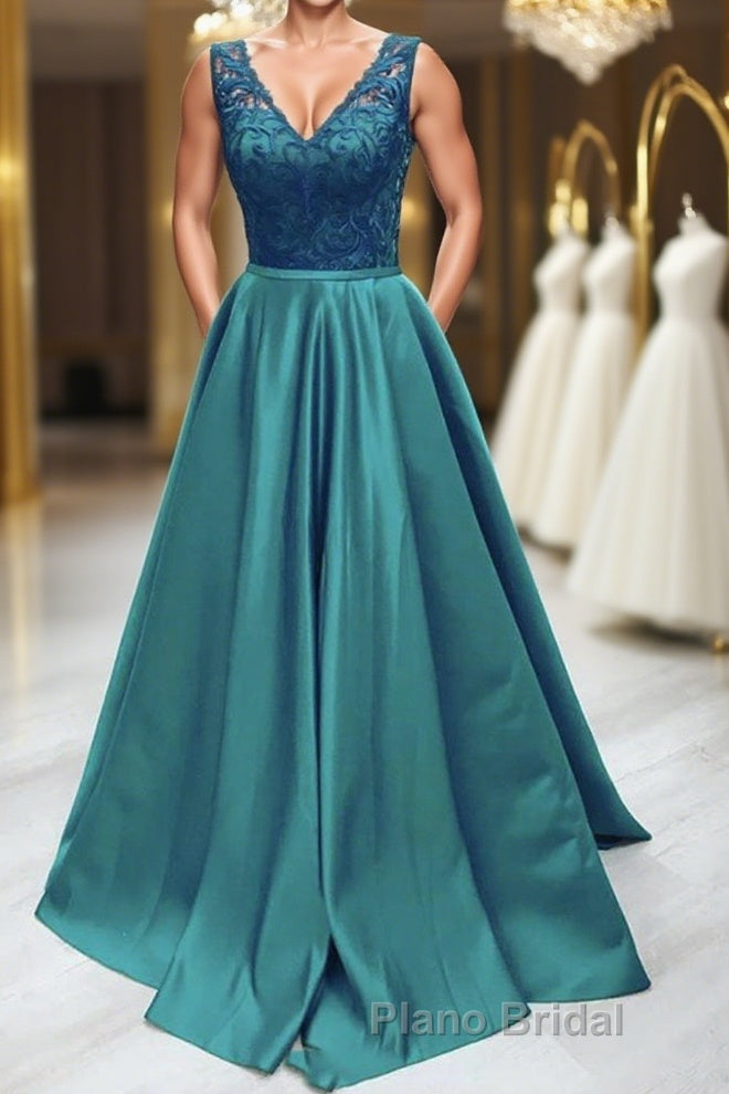 Elegant V Neck Green Lace Long Formal Prom Dress, Green Lace Formal Graduation Evening Dress Main image