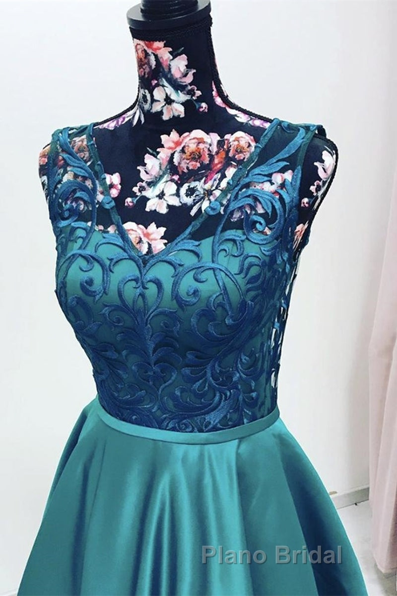 Elegant V Neck Green Lace Long Formal Prom Dress, Green Lace Formal Graduation Evening Dress