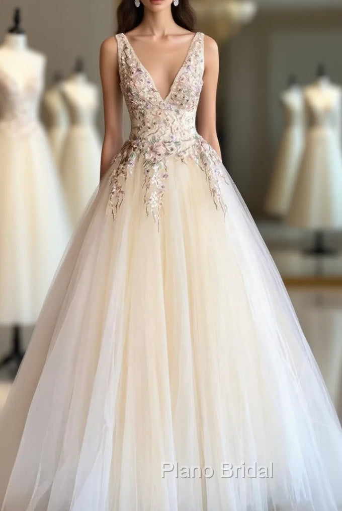 Elegant V Neck Ivory Long Formal Prom Dresses with Floral Embroidery Main image