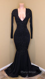 Elegant V-Neck Long Sleevess Appliques Sequins Mermaid Zipper Formal Prom Dresses