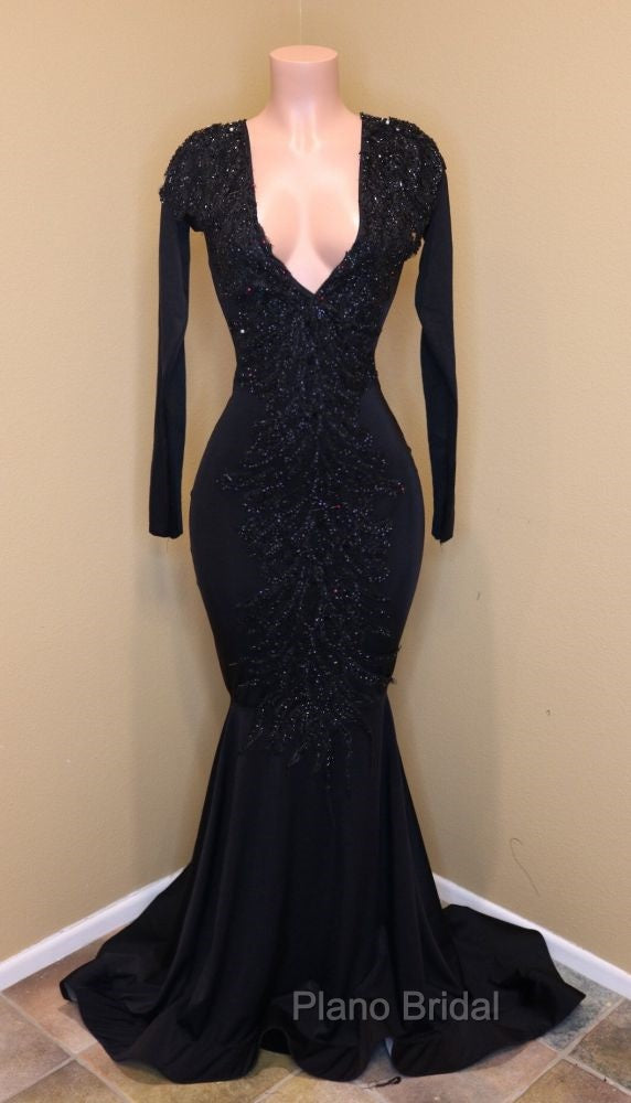 Elegant V-Neck Long Sleevess Appliques Sequins Mermaid Zipper Formal Prom Dresses