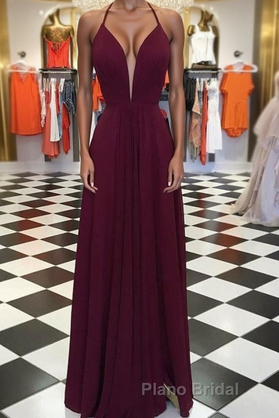 Elegant V Neck Open Back Burgundy Formal Prom Dresses, Open Back Burgundy Formal Dresses, Long Burgundy Evening Dresses
