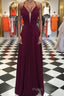 Elegant V Neck Open Back Burgundy Formal Prom Dresses, Open Back Burgundy Formal Dresses, Long Burgundy Evening Dresses