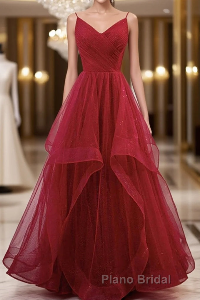 Elegant V Neck Open Back Sequins Burgundy Long Formal Prom Dress, Shiny Burgundy Formal Dress, Fluffy Burgundy Evening Dress Main image