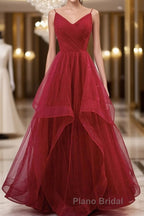 Elegant V Neck Open Back Sequins Burgundy Long Formal Prom Dress, Shiny Burgundy Formal Dress, Fluffy Burgundy Evening Dress