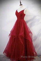 Elegant V Neck Open Back Sequins Burgundy Long Formal Prom Dress, Shiny Burgundy Formal Dress, Fluffy Burgundy Evening Dress