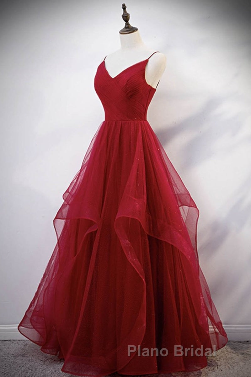 Elegant V Neck Open Back Sequins Burgundy Long Formal Prom Dress, Shiny Burgundy Formal Dress, Fluffy Burgundy Evening Dress