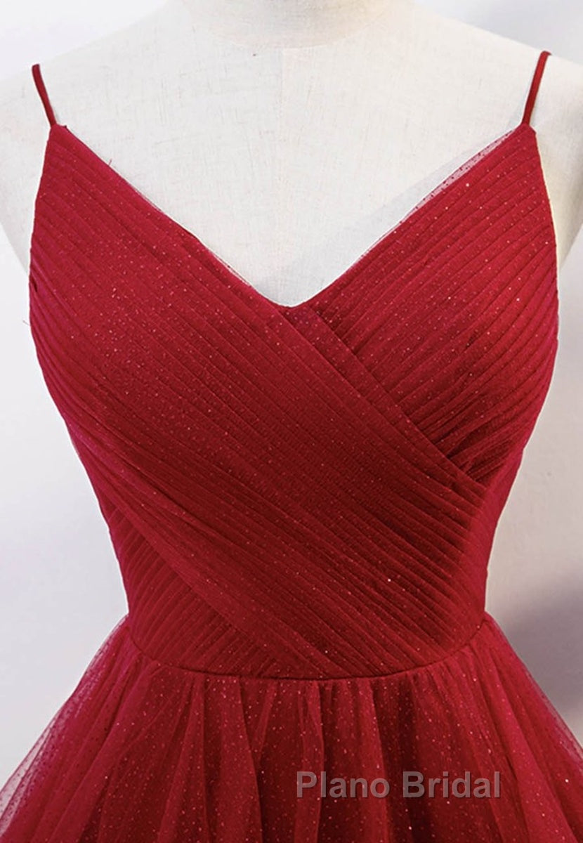 Elegant V Neck Open Back Sequins Burgundy Long Formal Prom Dress, Shiny Burgundy Formal Dress, Fluffy Burgundy Evening Dress