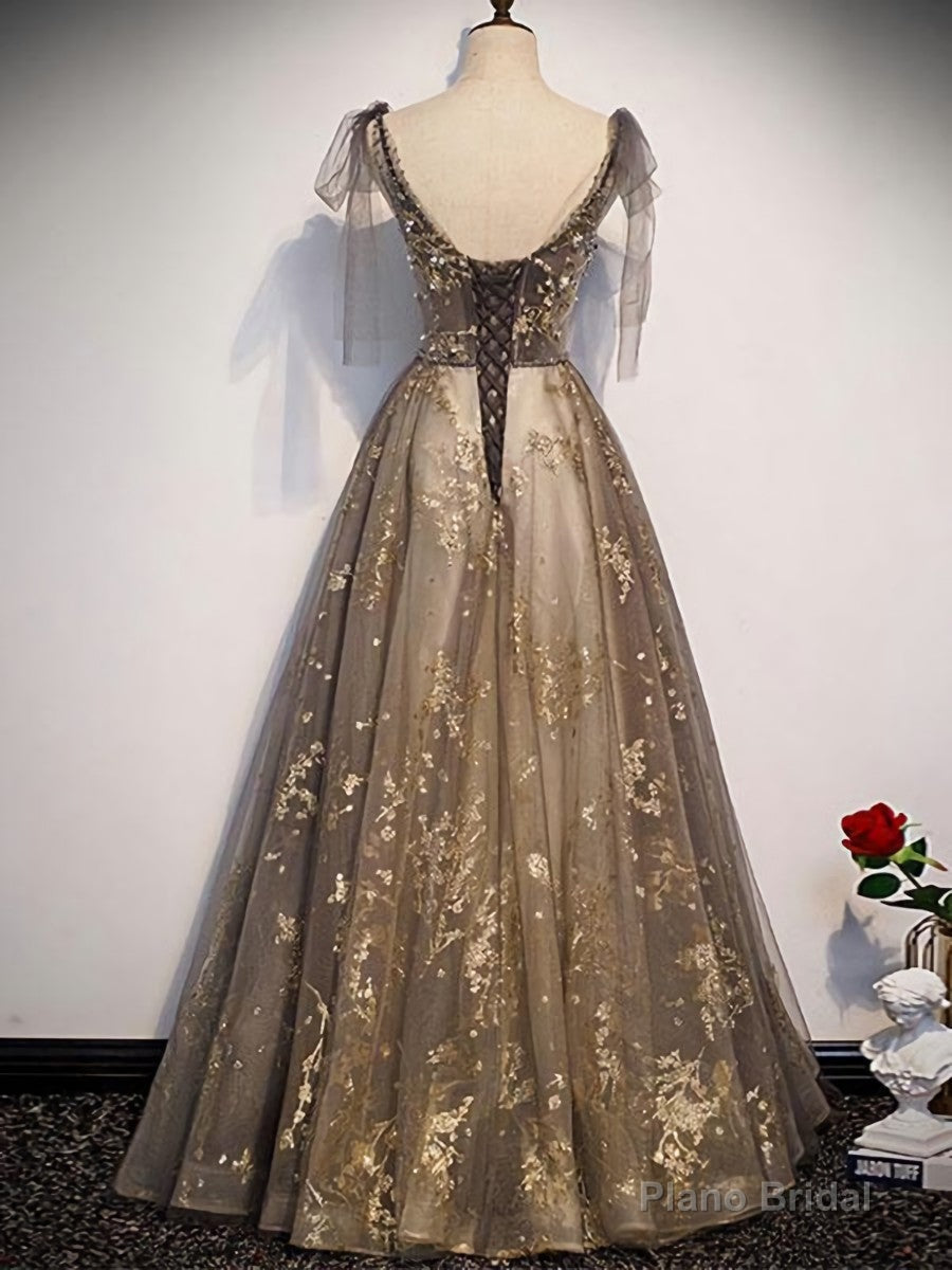 Elegant V-neck Organza Grey Lace A-line Spaghetti Straps Lace-up Back Long Prom Dress Secondary image