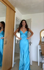 Elegant V-Neck Spaghetti Memriad Long Formal Prom Dresses