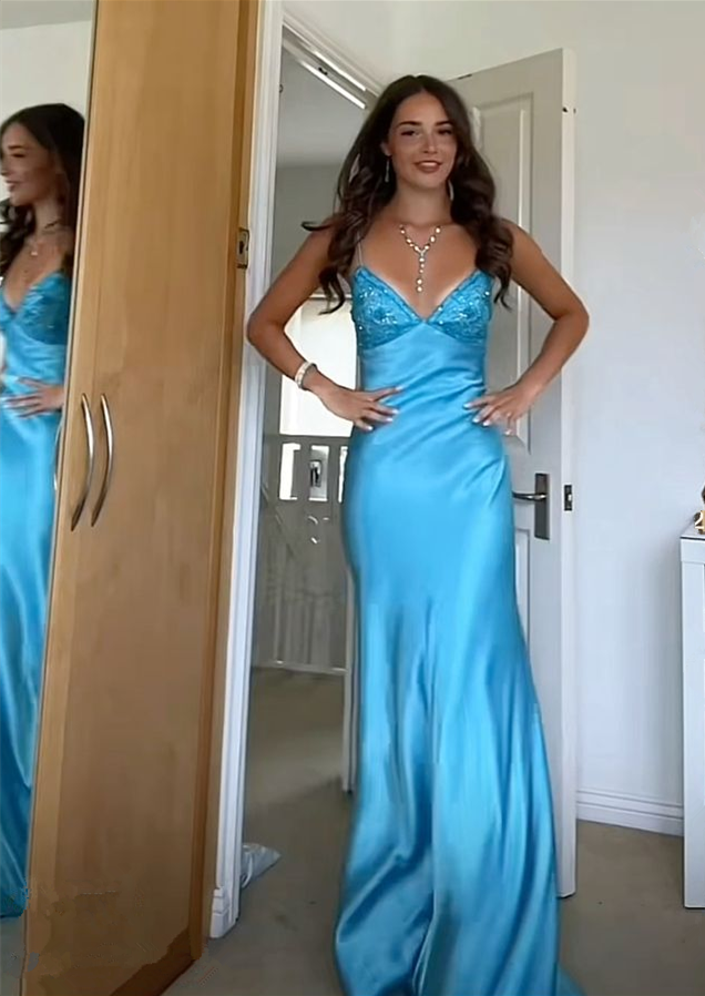 Elegant V-Neck Spaghetti Memriad Long Formal Prom Dresses Main image