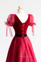 Elegant V-Neck Tulle and Velvet Long Formal Prom Dresses, Burgundy A-Line Evening Dresses