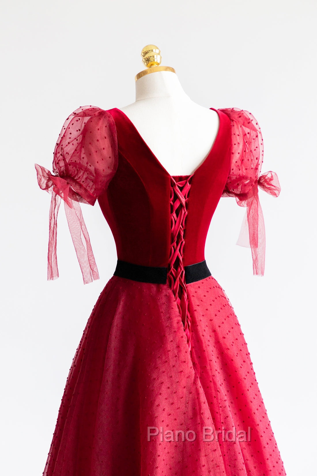 Elegant V-Neck Tulle and Velvet Long Formal Prom Dresses, Burgundy A-Line Evening Dresses