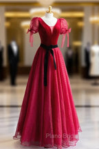 Elegant V-Neck Tulle and Velvet Long Formal Prom Dresses, Burgundy A-Line Evening Dresses