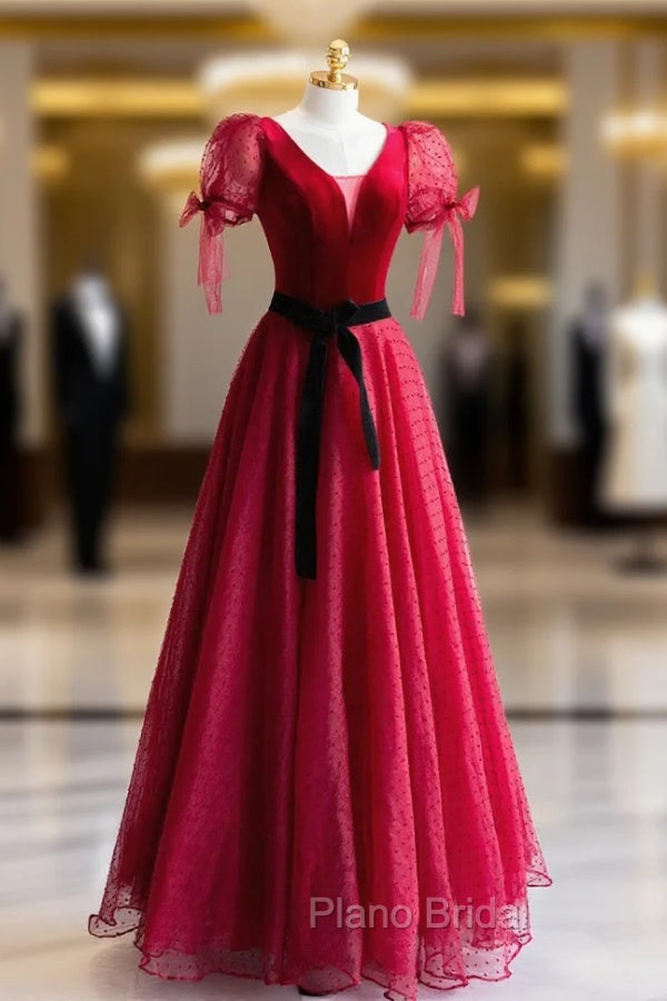 Elegant V-Neck Tulle and Velvet Long Formal Prom Dresses, Burgundy A-Line Evening Dresses Main image