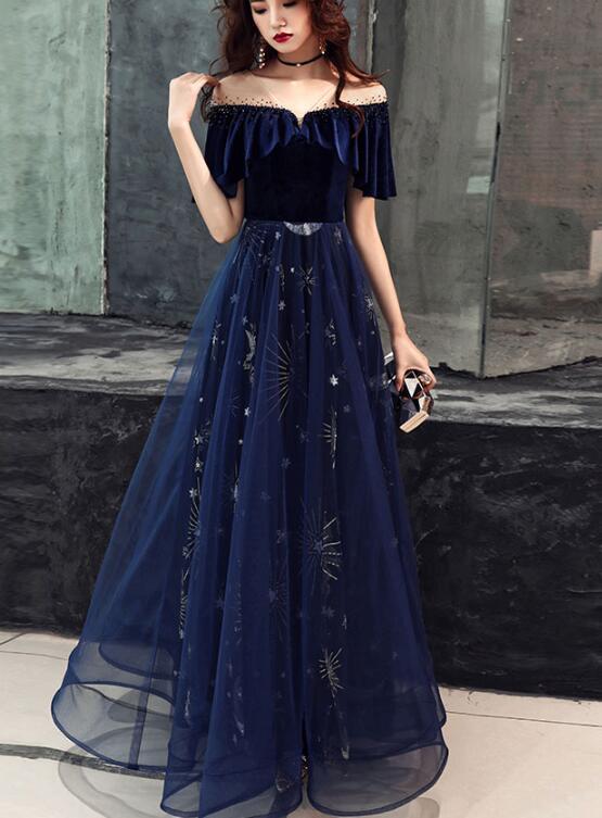 Elegant Velvet Bodice Tulle Long Formal Dresses, Navy Blue Party Dresses Secondary image