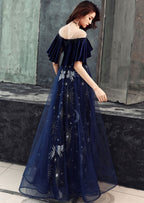 Elegant Velvet Bodice Tulle Long Formal Dresses, Navy Blue Party Dresses