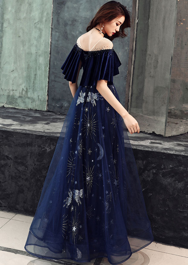 Elegant Velvet Bodice Tulle Long Formal Dresses, Navy Blue Party Dresses