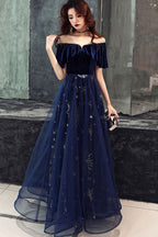 Elegant Velvet Bodice Tulle Long Formal Dresses, Navy Blue Party Dresses