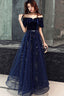 Elegant Velvet Bodice Tulle Long Formal Dresses, Navy Blue Party Dresses
