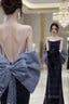 Elegant Velvet Spaghetti Straps Backless Sheath Long Formal Prom Dresses Formal Dresses With Bowknot,