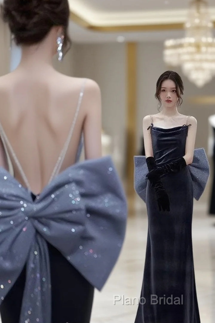 Elegant Velvet Spaghetti Straps Backless Sheath Long Formal Prom Dresses Formal Dresses With Bowknot, Main image