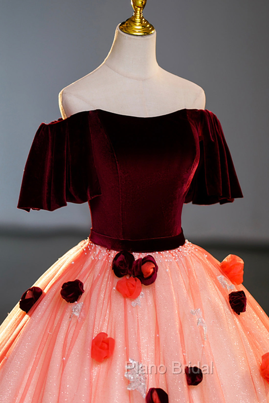 Elegant Velvet Tulle Long Formal Dresses, Burgundy Off the Shoulder Sweet Flower Party Dresses Secondary image