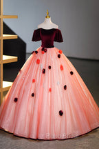 Elegant Velvet Tulle Long Formal Dresses, Burgundy Off the Shoulder Sweet Flower Party Dresses