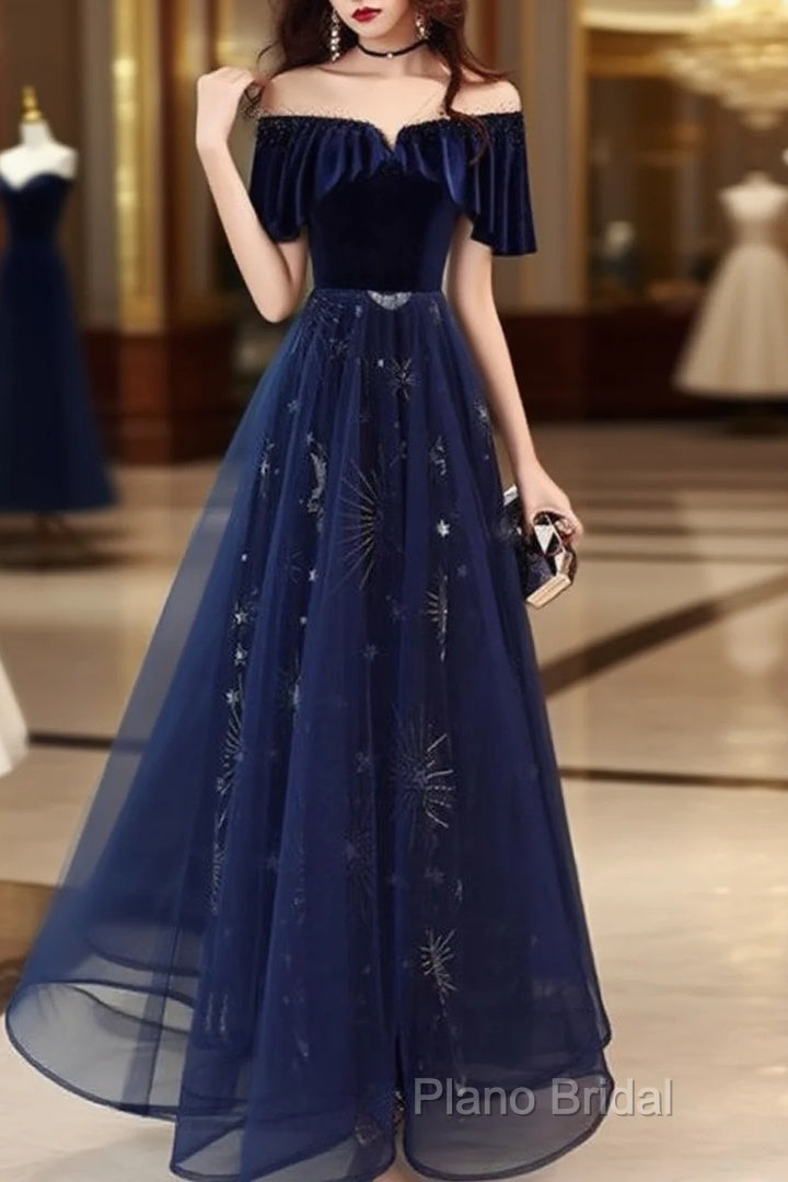 Elegant Velvet Tulle Long Formal Navy Blue Formal Prom Dresses,