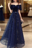 Elegant Velvet Tulle Long Formal Navy Blue Formal Prom Dresses,