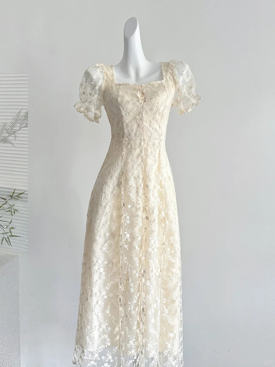 Elegant Vintage Ivory A-Line Square Neck Short Sleeve Lace Waist Long Formal Prom Dresses Secondary image