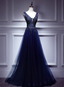 Elegant Vintage Navy Blue V-Neck Lace Embroidery Tulle Long Formal Prom Dresses