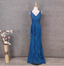 Elegant Vintage Royal Blue V-Neck Lace Long Formal Prom Dresses