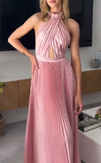 Elegant Wedding Guest Outfit A Line Halter Hot Pink Satin Formal Prom Dresses Summer Wedding Guest Dresses Graduation Dresses