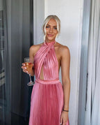 Elegant Wedding Guest Outfit A Line Halter Hot Pink Satin Formal Prom Dresses Summer Wedding Guest Dresses Graduation Dresses