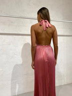 Elegant Wedding Guest Outfit A Line Halter Hot Pink Satin Formal Prom Dresses Summer Wedding Guest Dresses Graduation Dresses