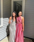 Elegant Wedding Guest Outfit A Line Halter Hot Pink Satin Formal Prom Dresses Summer Wedding Guest Dresses Graduation Dresses