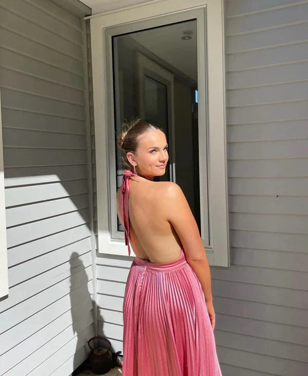 Elegant Wedding Guest Outfit A Line Halter Hot Pink Satin Formal Prom Dresses Summer Wedding Guest Dresses Graduation Dresses