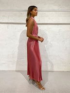 Elegant Wedding Guest Outfit A Line Halter Hot Pink Satin Formal Prom Dresses Summer Wedding Guest Dresses Graduation Dresses