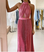 Elegant Wedding Guest Outfit A Line Halter Hot Pink Satin Formal Prom Dresses Summer Wedding Guest Dresses Graduation Dresses