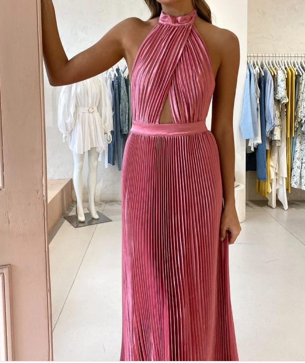 Elegant Wedding Guest Outfit A Line Halter Hot Pink Satin Formal Prom Dresses Summer Wedding Guest Dresses Graduation Dresses