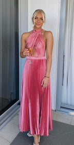 Elegant Wedding Guest Outfit A Line Halter Hot Pink Satin Formal Prom Dresses Summer Wedding Guest Dresses Graduation Dresses