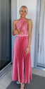 Elegant Wedding Guest Outfit A Line Halter Hot Pink Satin Formal Prom Dresses Summer Wedding Guest Dresses Graduation Dresses