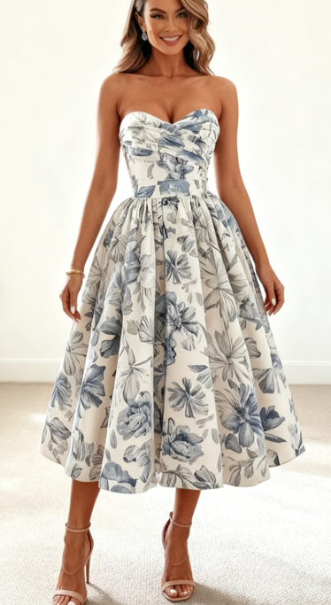 Elegant Wedding Guest Outfit Ball Gown Blue Floral Formal Night Dresses Summer Tea Length Wedding Guest Dresses